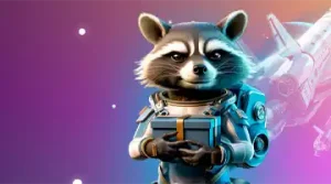 Изображение енота в солнечных очках с скипетром, празднующего с воздушными шарами и золотыми монетами, символизирующее приветственный бонус в Казино Bonsai.